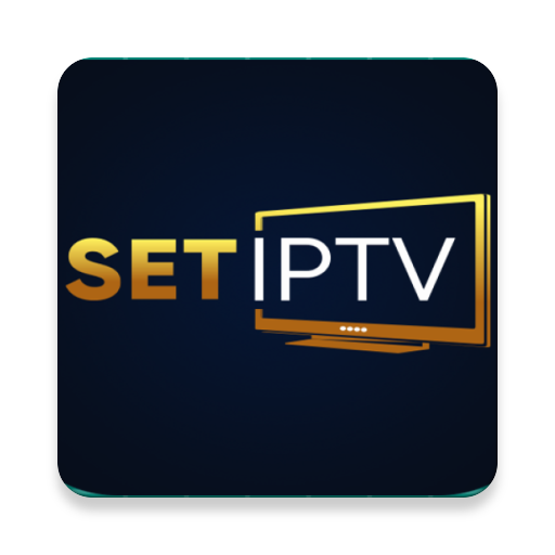 SET IPTV -sovelluksen virallinen logo tummansinisellä taustalla, jossa 'SET' on kultaisella ja 'IPTV' valkoisella tekstillä.