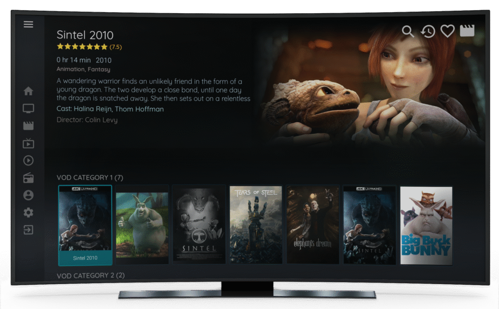 TiviMate-käyttöliittymä Android TV:llä näyttää elokuvan tiedot ja VOD-kategoriat. Sintel-animaatioelokuva valittuna, näkyvillä kuvaus ja muita elokuvavaihtoehtoja alapalkissa.