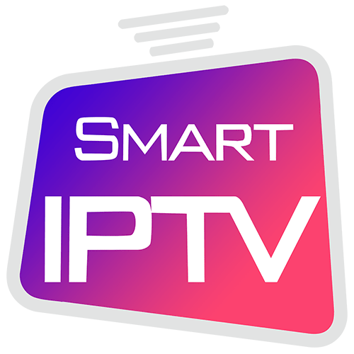 Smart IPTV -sovelluksen virallinen logo, jossa on violetti-pinkin väriliukuma ja valkoinen teksti taustalla.
