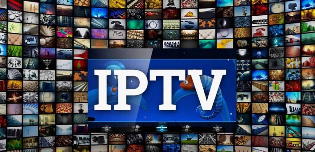 IPTV-palvelun monipuolinen sisältövalikoima: lukuisia pieniä videokuvia ympäröimässä suurta IPTV-logoa, kuvaten laajaa ohjelmatarjontaa.