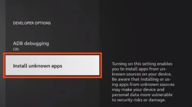Android TV:n Kehittäjäasetukset-valikko, jossa "Install unknown apps" -asetus on korostettu punaisella kehyksellä.
