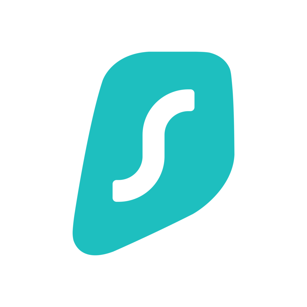 Surfsharkin turkoosi logo - yrityksen tunnusomainen S-kirjain kuvastaa rajatonta internet-yhteyttä IPTV-katseluun.
