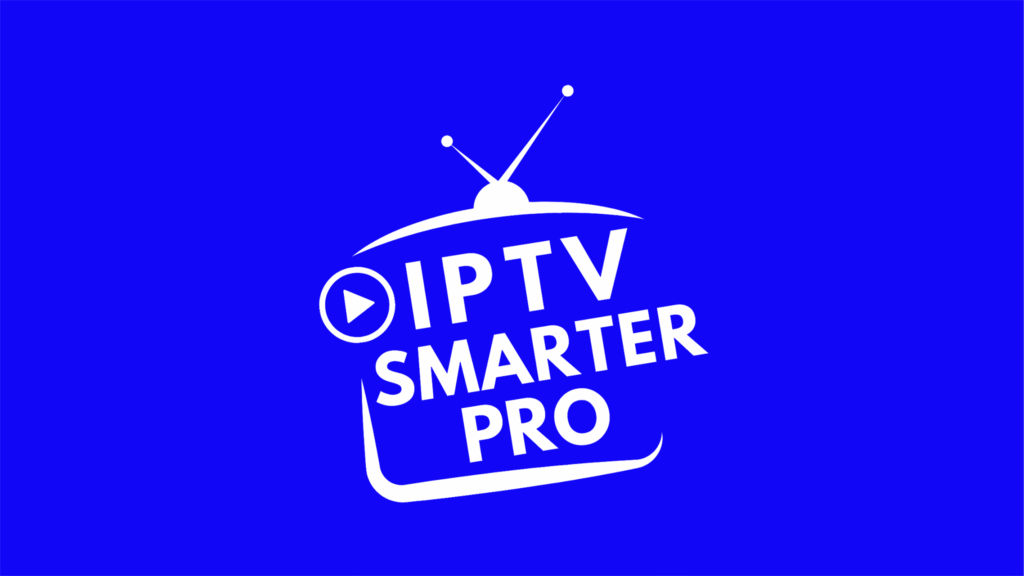 IPTV Smarters Pro -sovelluksen logo kirkkaan sinisellä taustalla, jossa valkoinen teksti ja TV-antennin kuva.