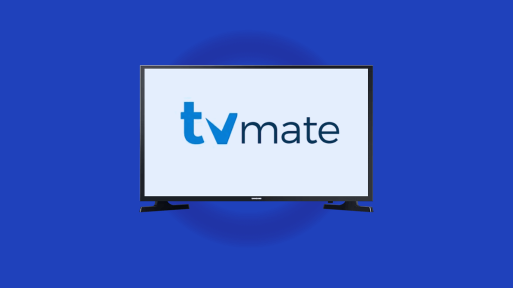 TiviMate-sovelluksen logo näkyy televisioruudulla sinisellä taustalla. TiviMate on suunniteltu erityisesti Android TV -laitteille.
