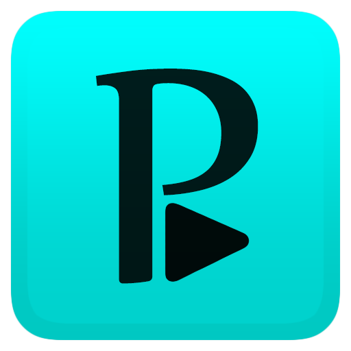 Perfect Player -sovelluksen logo turkoosilla taustalla. "P"-kirjain ja toistopainike muodostavat sovelluksen tunnuksen.