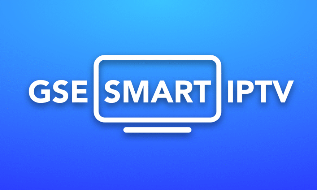 GSE Smart IPTV -sovelluksen logo sinisellä taustalla. Monipuolinen IPTV-soitin useilla tiedostomuodoilla.