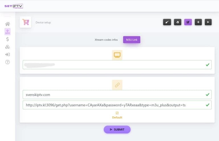 SET IPTV:n konfigurointisivu, jossa M3U Link -välilehti aktiivisena. Näyttää esimerkki-URL:n ja soittolistan nimen syöttökentät.