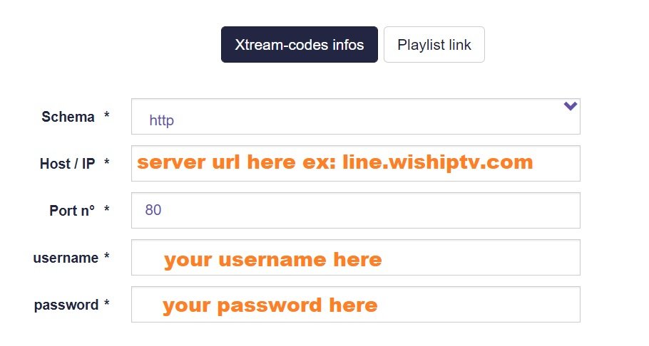 Xtream-codes infos -määrityssivu, jossa kentät palvelimen URL:lle, portille, käyttäjätunnukselle ja salasanalle oranssilla tekstillä korostettuna.