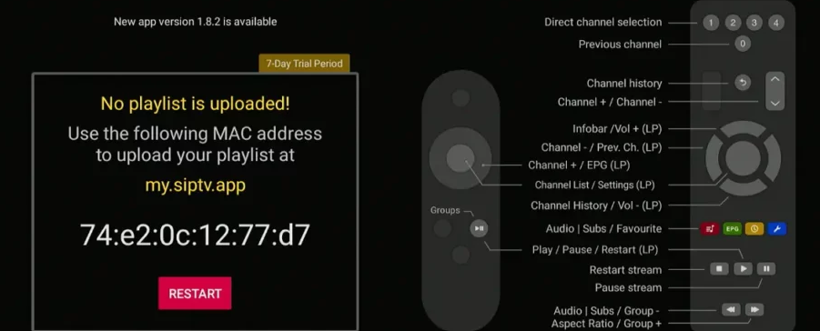 Smart IPTV -sovelluksen aloitusnäkymä, jossa näkyy MAC-osoite ja ohjeet soittolistan lisäämiseen my.siptv.app-sivustolla.
