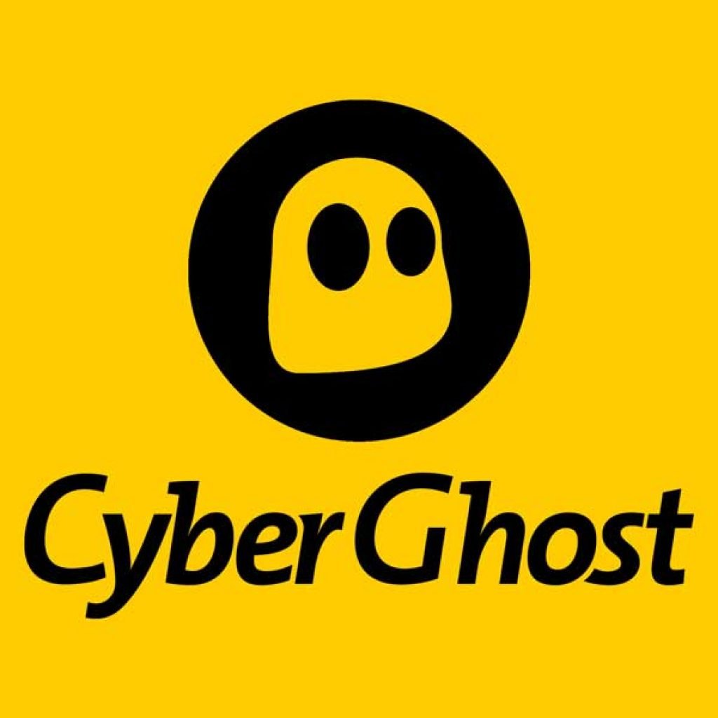 CyberGhost VPN:n keltainen logo mustalla haamukuviolla - erityisesti suoratoistopalveluille optimoidut palvelimet.
