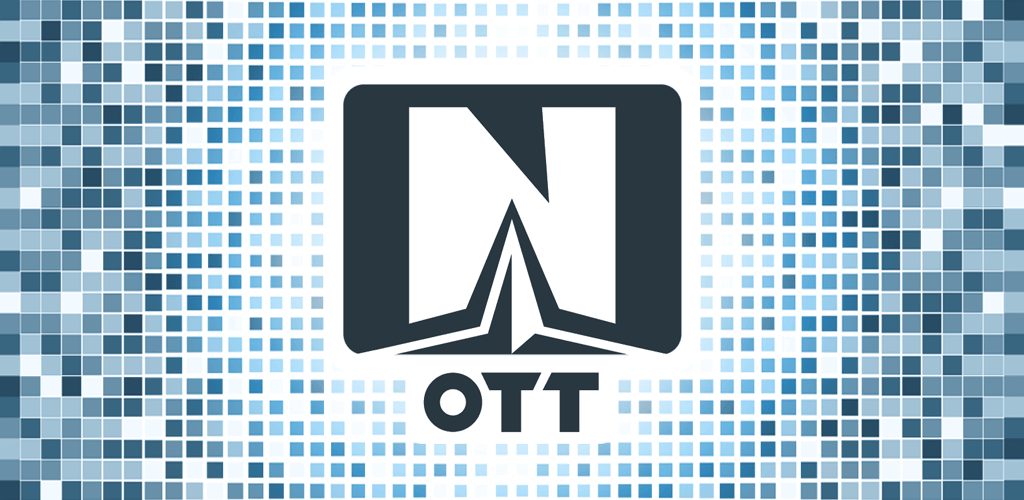 OTT Navigator -sovelluksen logo sinisellä pixelöidyllä taustalla. Edistynyt IPTV-soitin laajalla mukautuksella.
