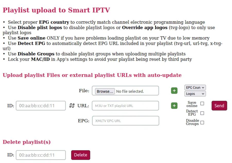 My.siptv.app-sivuston soittolistan lisäysnäkymä, jossa näkyy kentät MAC-osoitteelle, URL-osoitteelle ja EPG-linkille.RetryClaude can make mistakes. Please double-check responses.