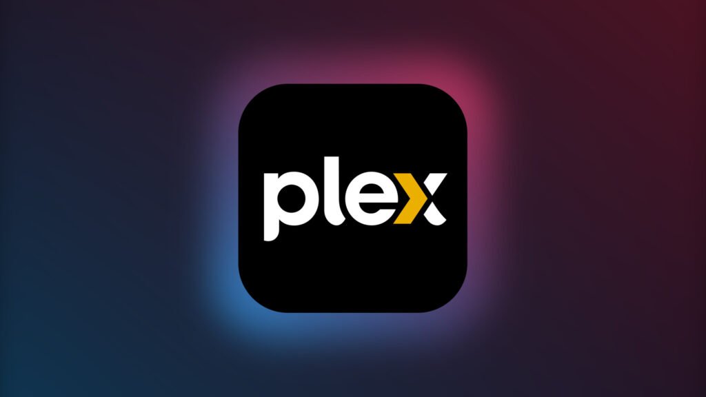 Plex-sovelluksen logo mustalla taustalla sinipunaisella hohteella. Plex on monipuolinen mediapalvelu, joka tukee Chromecast-suoratoistoa.
