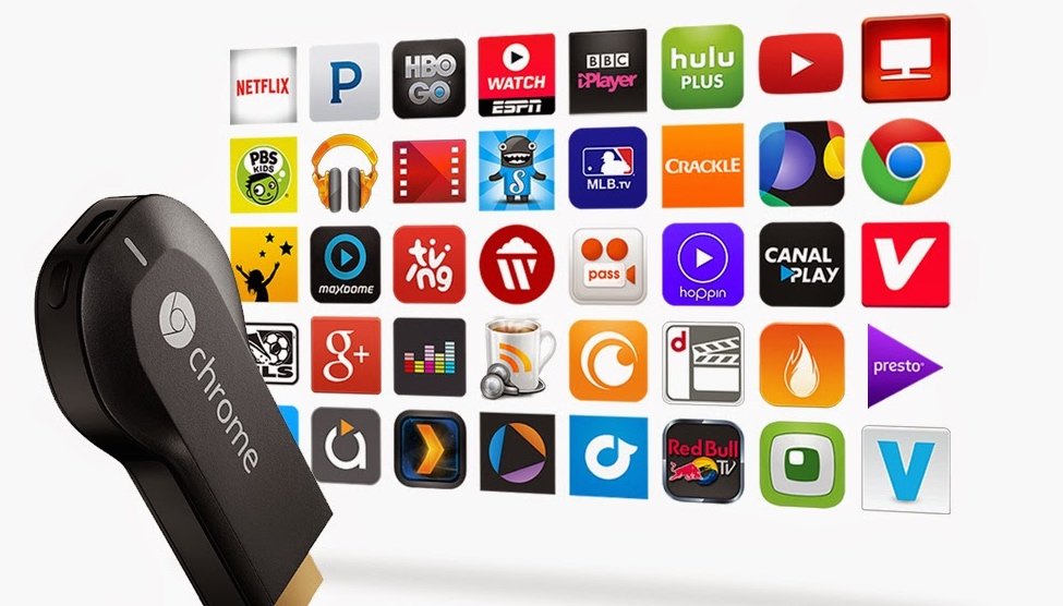 Chromecast-laite ja erilaisia suoratoistosovellusten kuvakkeita, mukaan lukien Netflix, HBO, YouTube ja muita IPTV-yhteensopivia sovelluksia.
